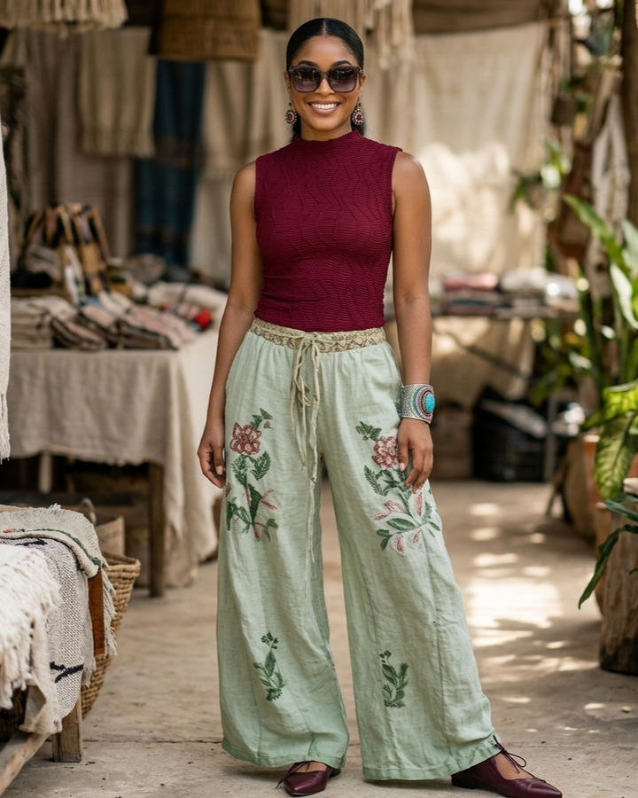 Woman wearing a maroon top and light green pants with floral embroidery in an outdoor market setting.