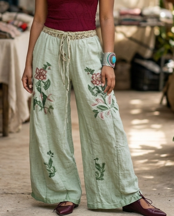Vintage-style Hemp Sand-washed Casual Long Pants With Wide Legs